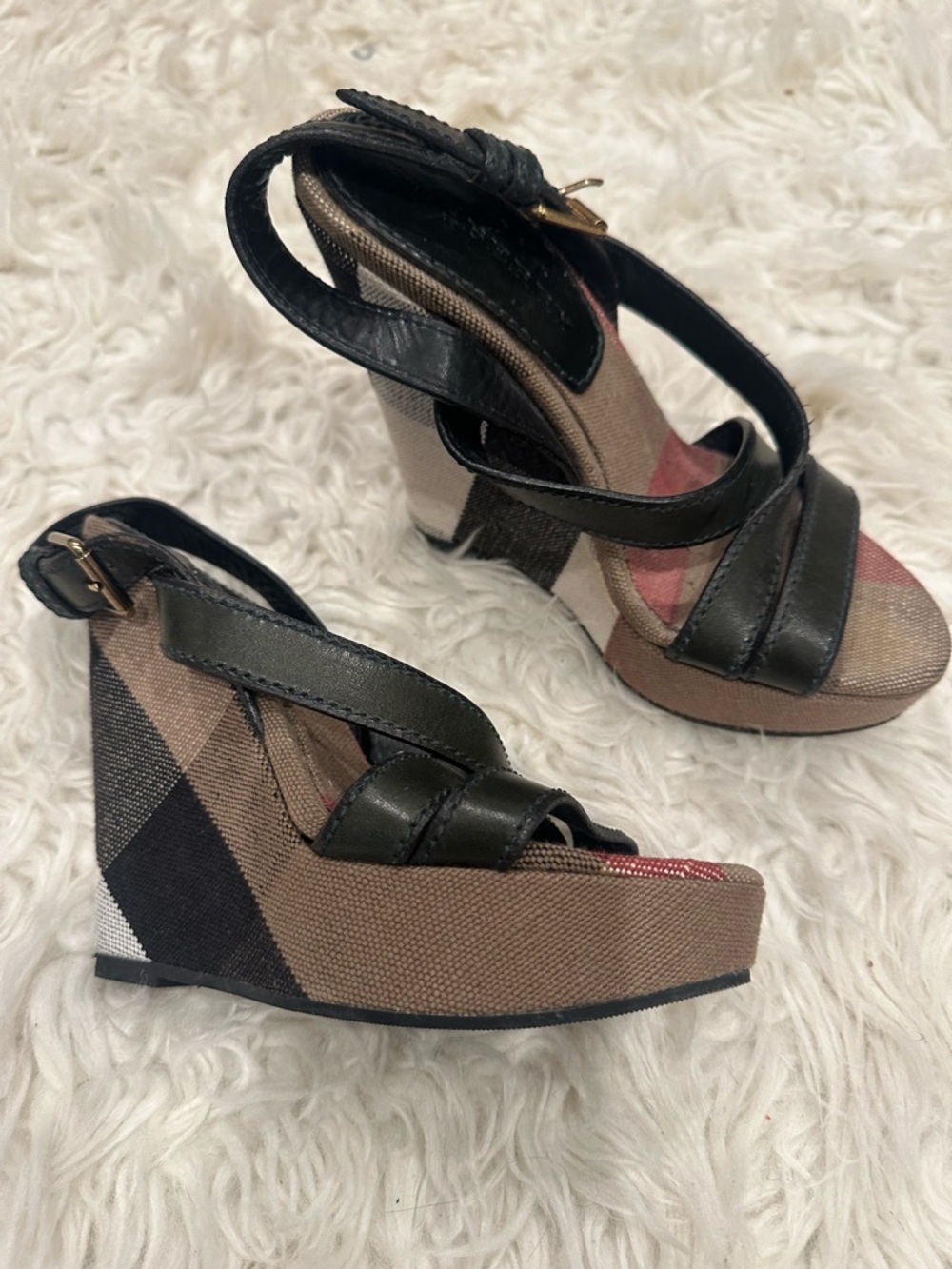 Women's Neutral Burberry Wedge Sandals with Green Leather Straps